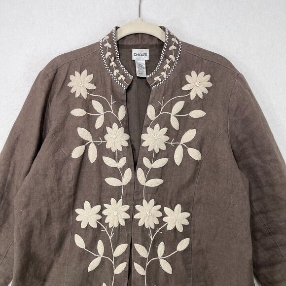 Chico's Jacket Women Large Brown 100% Linen Embroidered Floral Beaded Boxy Fit - Picture 4 of 11